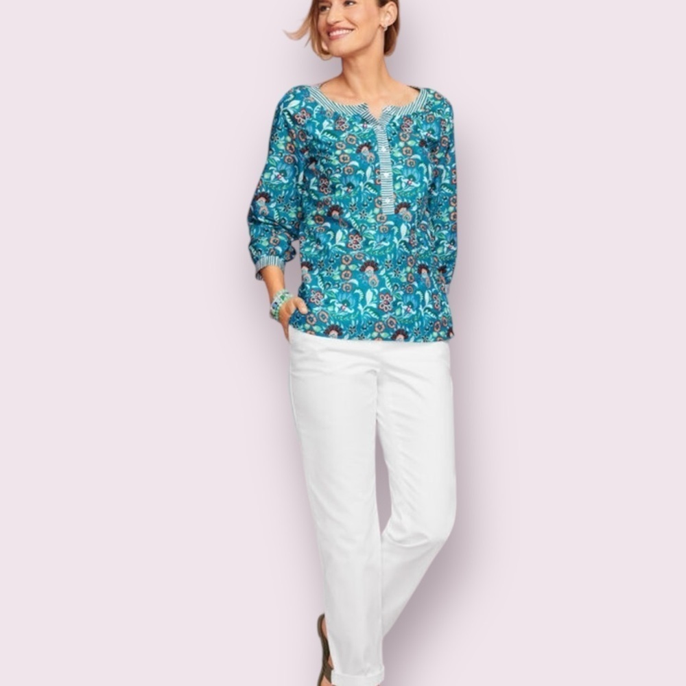Talbots Blue Floral Popover Blouse 3/4 Sleeve Band Collar Petite S - Picture 3 of 8